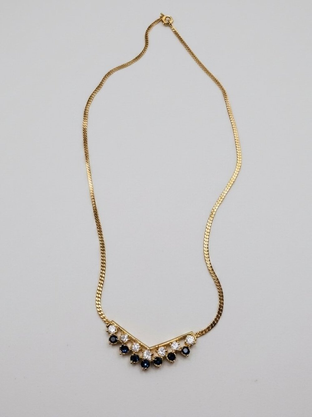 Vintage Gold Boho Cocktail Cottage Necklace with Blue and White Crystals